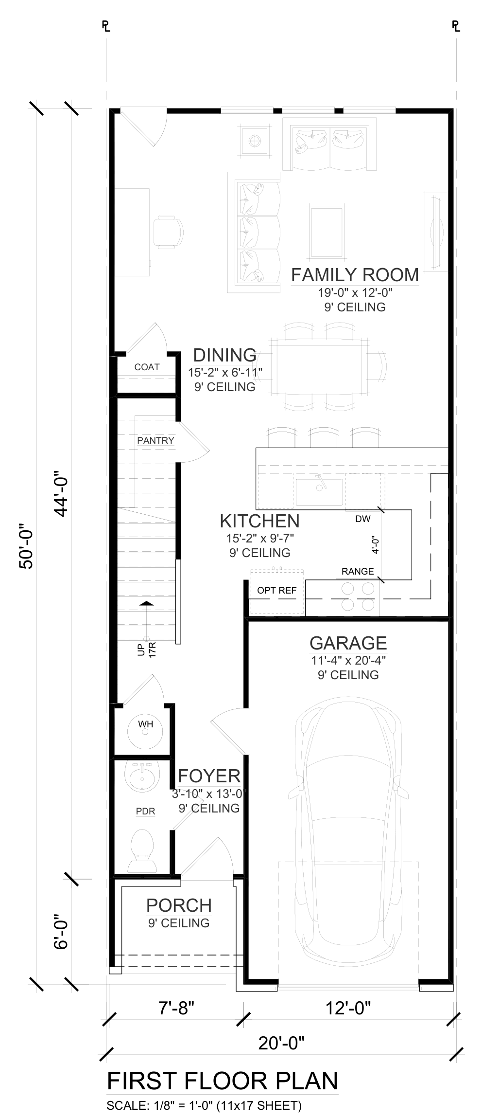 First floor plan showing porch, foyer, powder room, kitchen with pantry, dining area, family room, garage, and stairs, with dimensions and ceiling heights labeled.