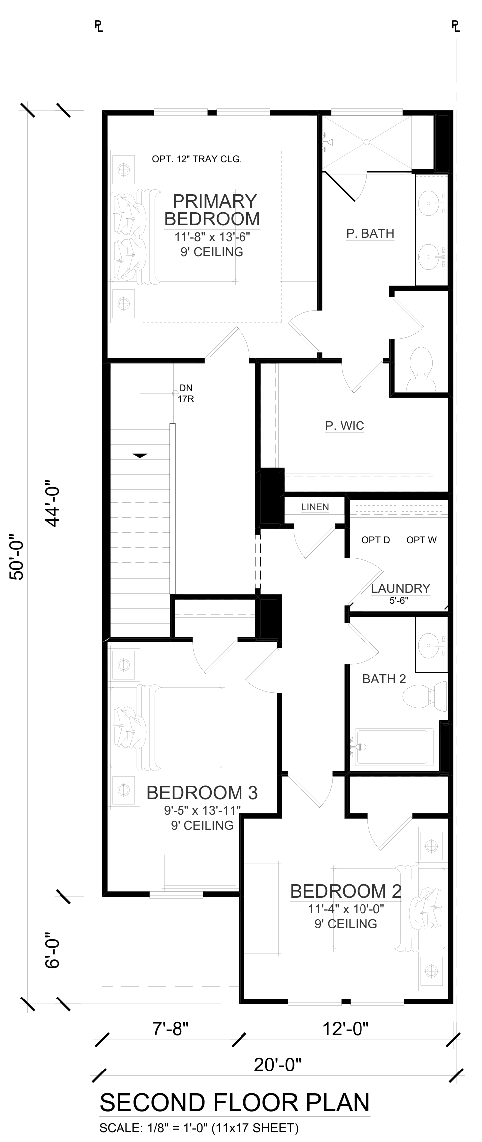 Second floor plan with three bedrooms, two bathrooms, a laundry room, walk-in closet, and linen closet, labeled with room dimensions and ceiling heights.