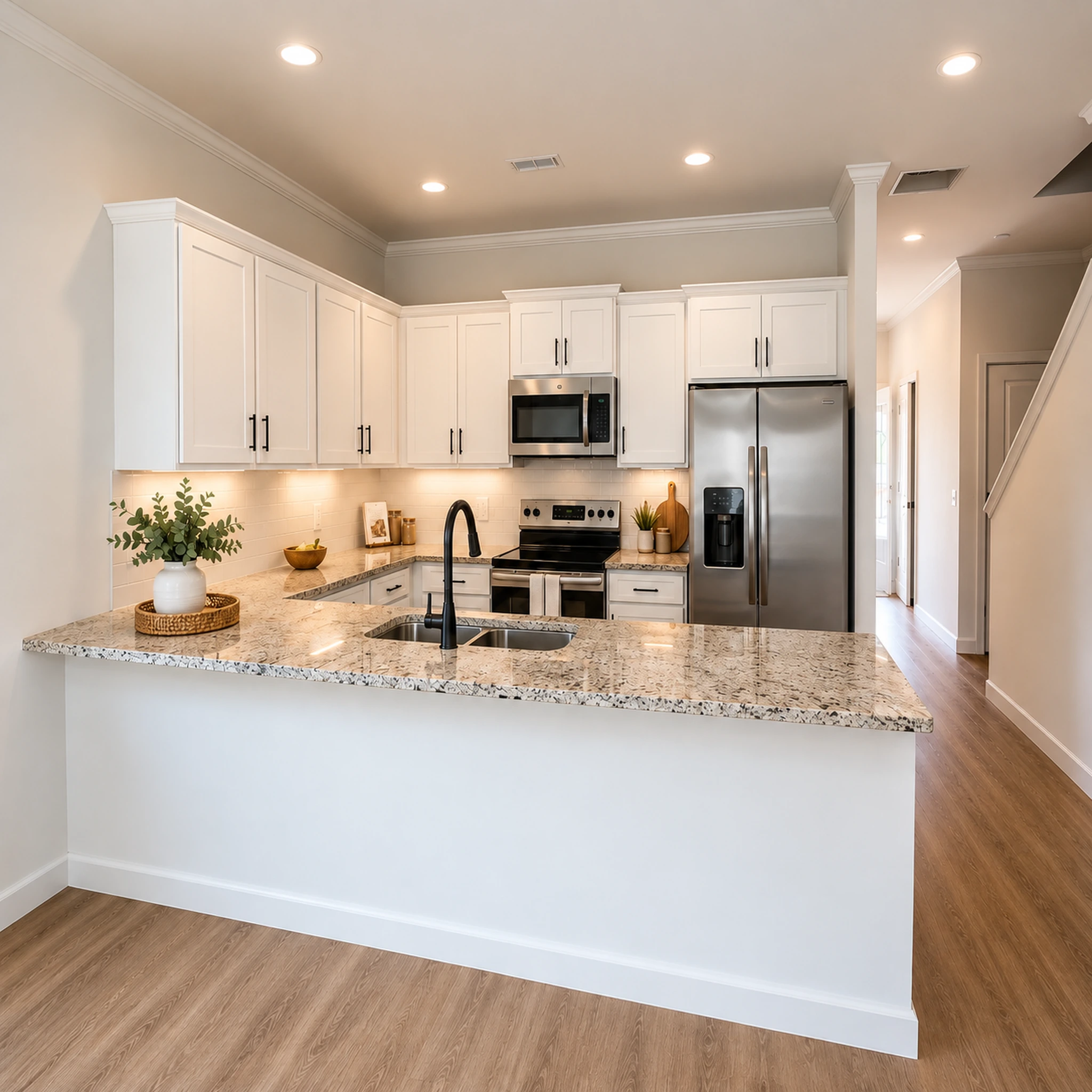 Modern kitchen with white cabinets, stainless steel appliances, a granite countertop island with a built-in sink, and wood-style flooring. Bright recessed lighting overhead.
