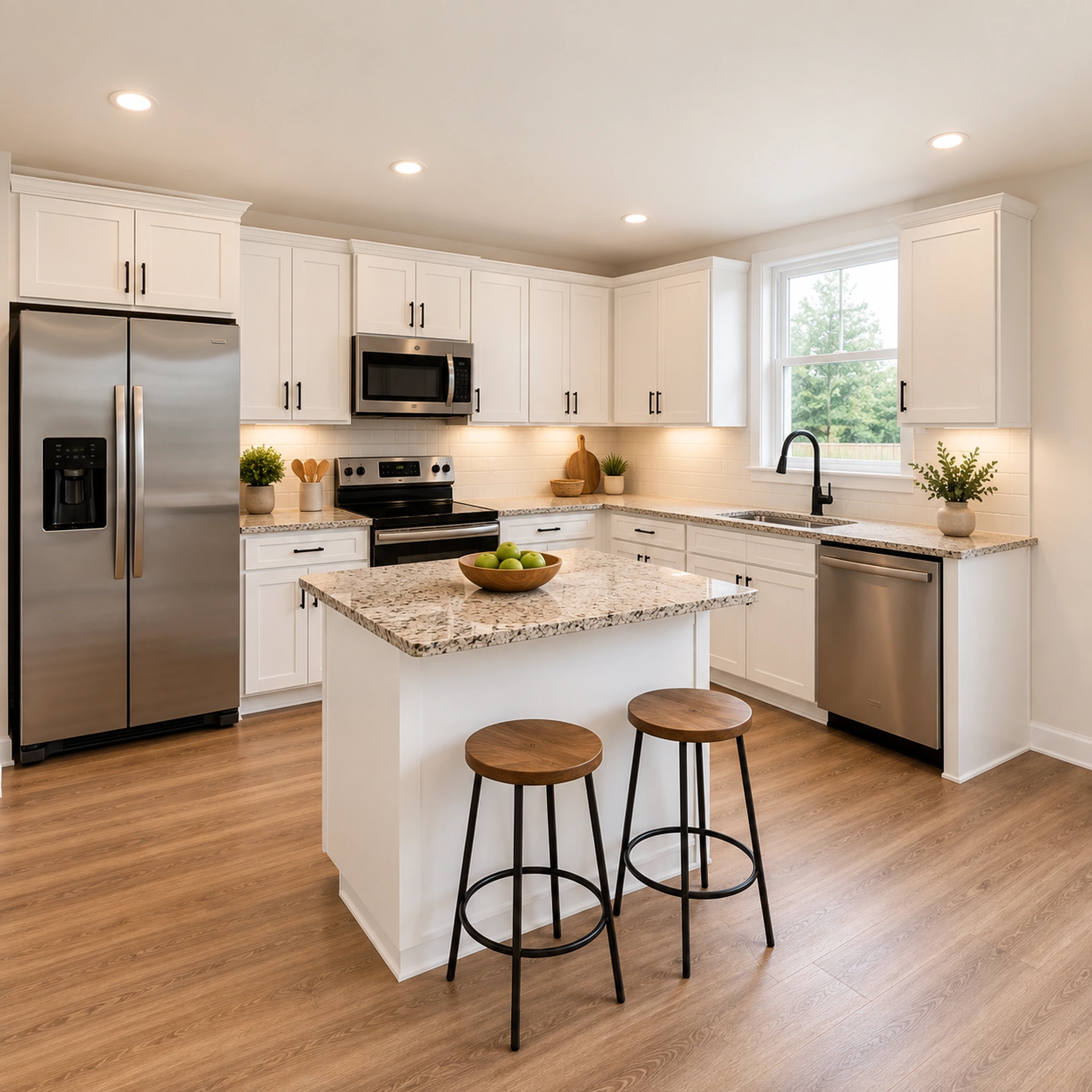 Modern kitchen with white cabinets, stainless steel appliances, an island with a granite countertop, two wooden stools, and potted plants on the counters.