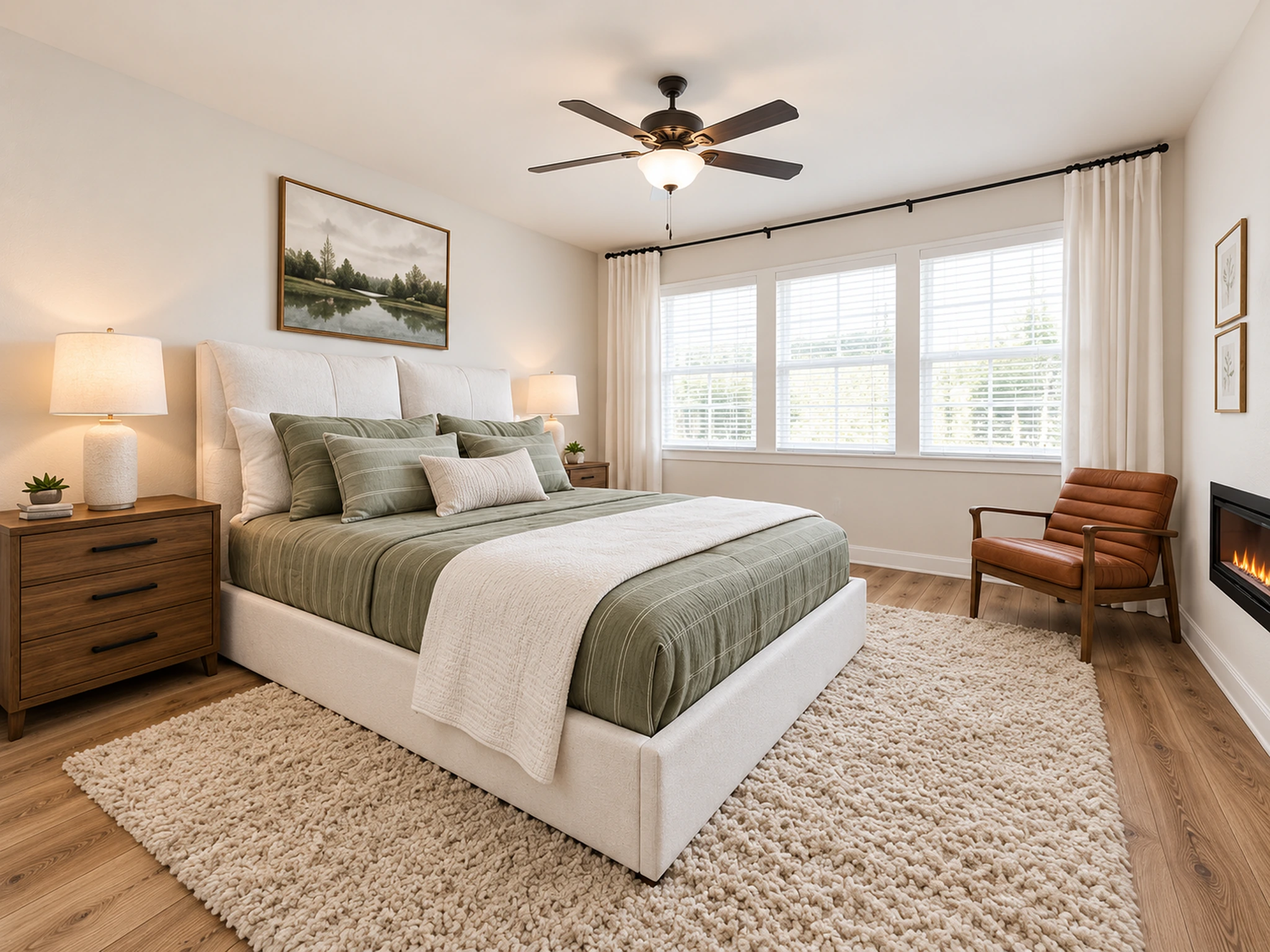 Modern bedroom with a green-striped bed, two wooden nightstands, a tan rug, an armchair, ceiling fan, large windows with white curtains, and a fireplace.
