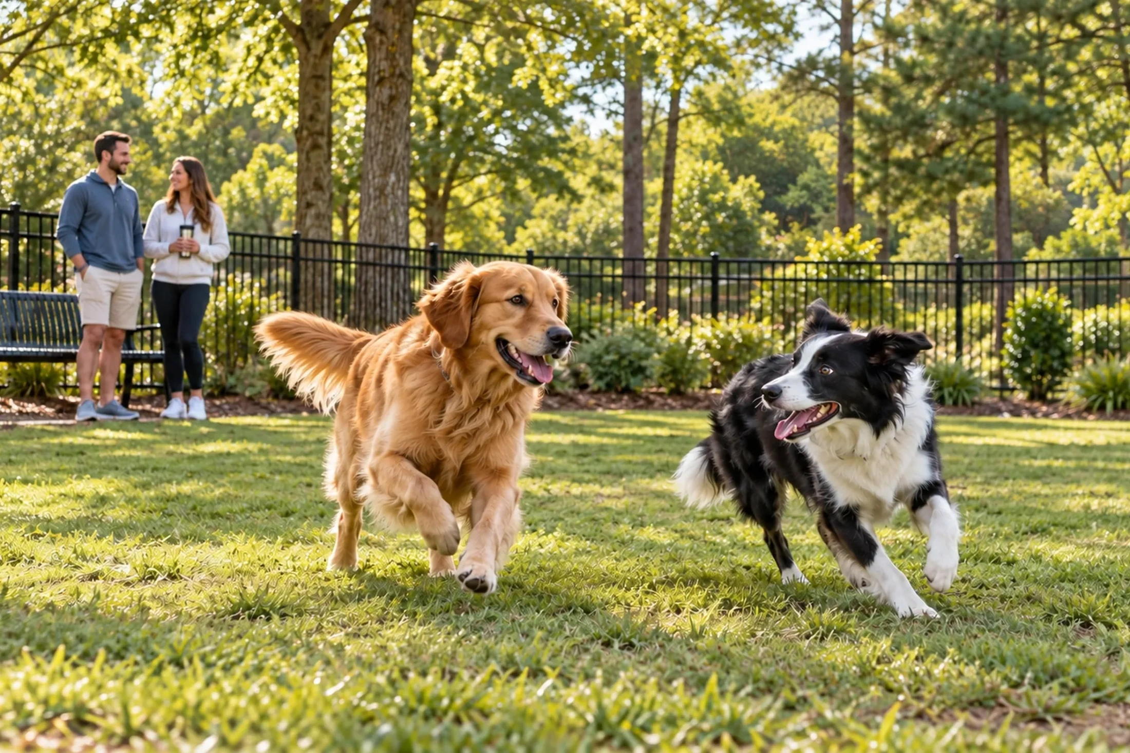 A golden retriever and a black and white border collie run through a park, a popular residential feature for the community, as two people stand in the background.
