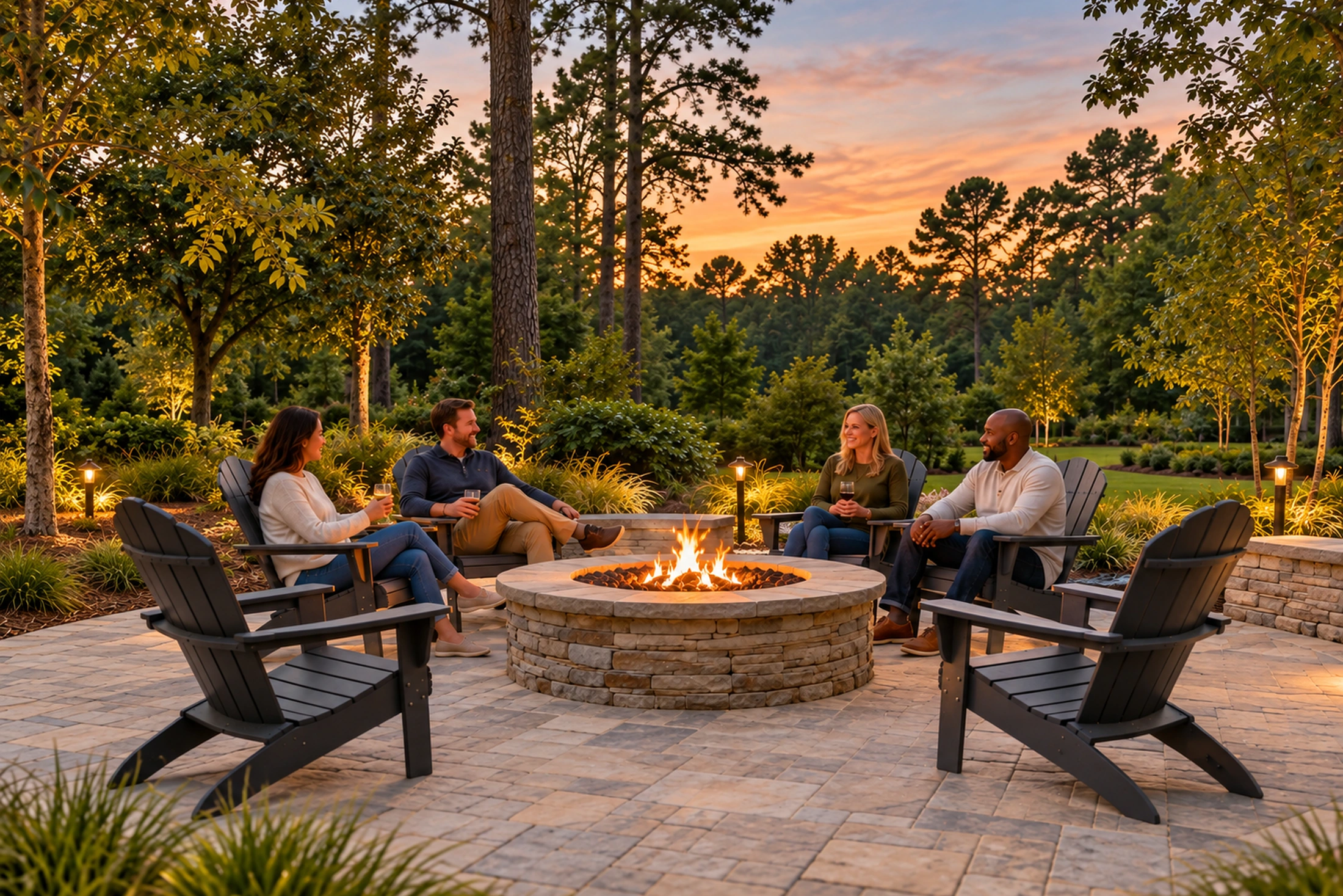 Four people sit in outdoor chairs around a stone fire pit at sunset, enjoying the community amenities.
